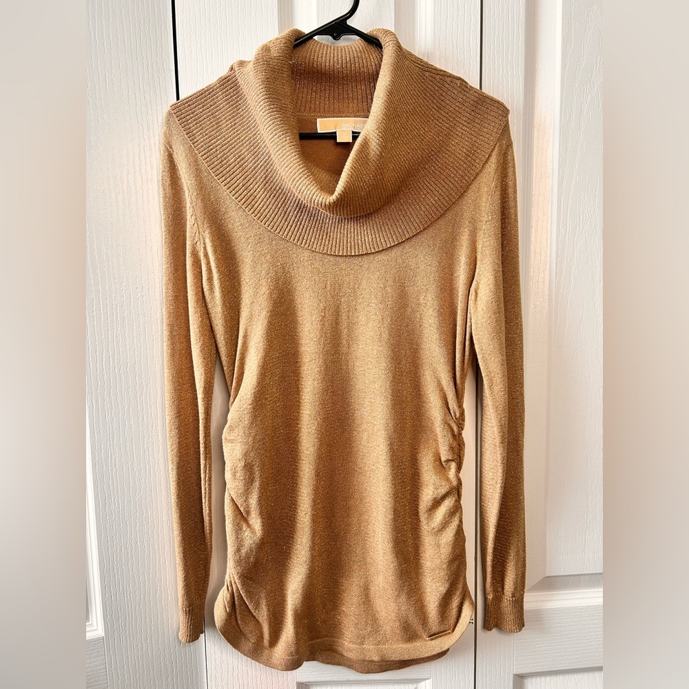 MICHAEL Michael Kors Metallic Gold Cowl Neck Sweater Ruched Sides Small Stretch